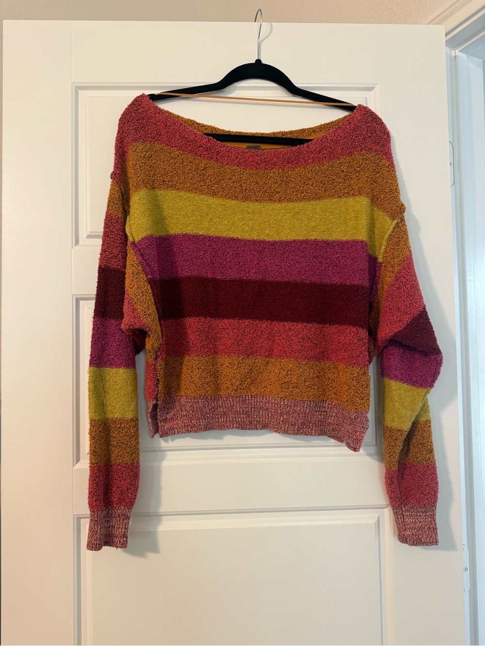 Free People Striped Off-Shoulder Sweater in Pink, Mustard & Burgundy